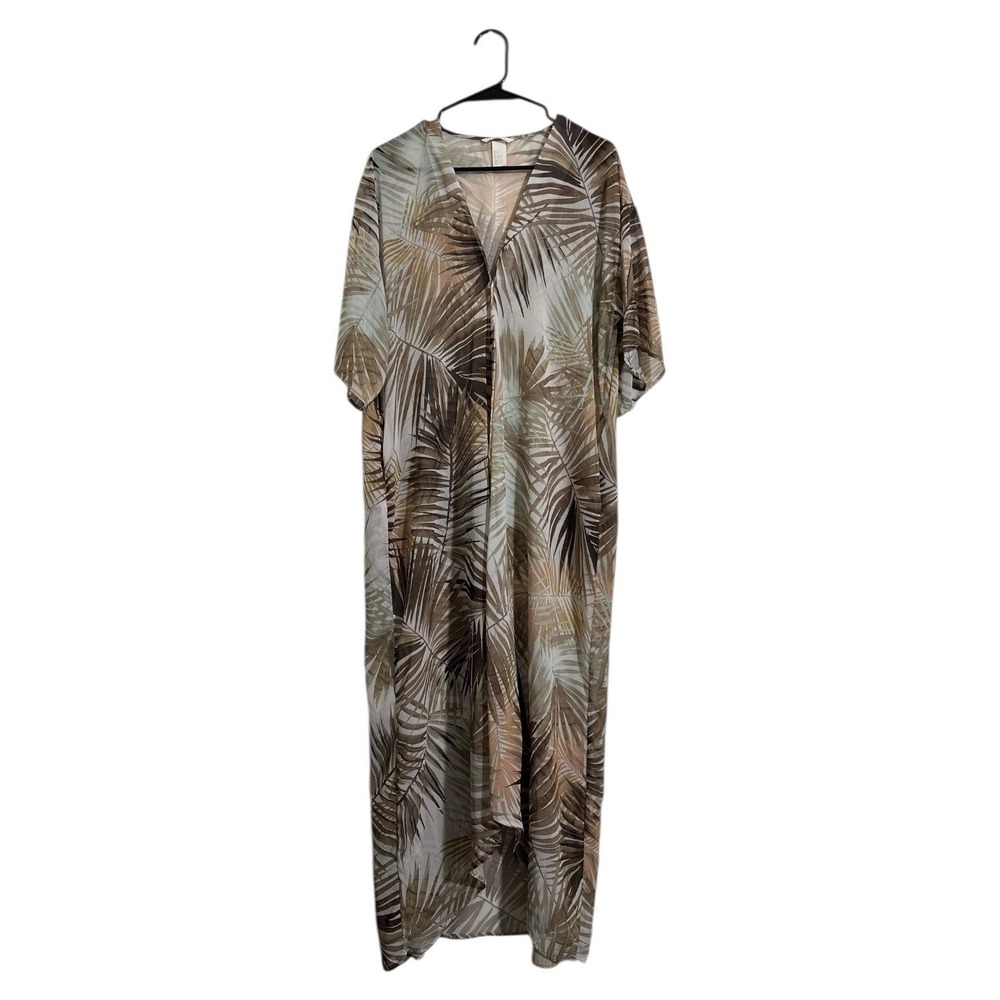 H&M Bohemian Tropical Neutral Brown Leaf Print Sheer Long Swim Cover Up‎ Size 2